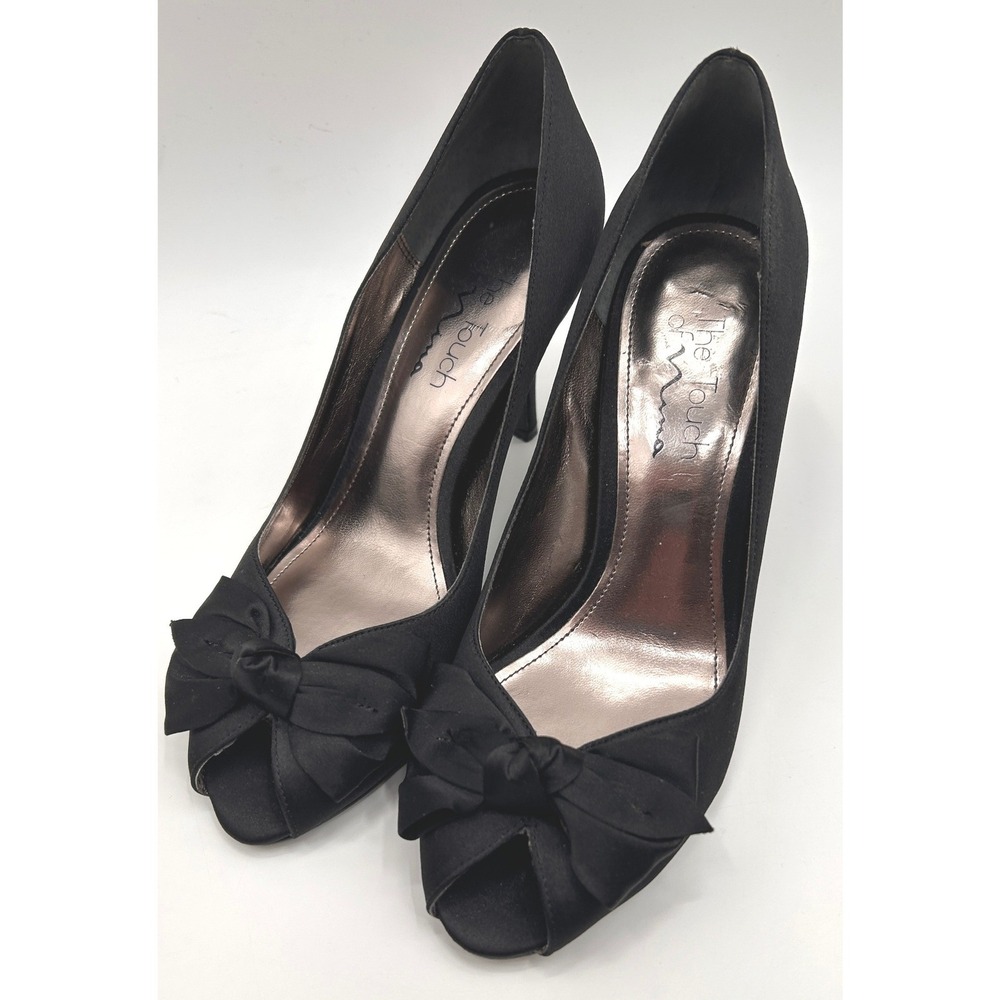 The Touch of Nina Black Satin Bow Peep Toe Heels Women's Size 7 Pumps Coquette - Picture 2 of 9